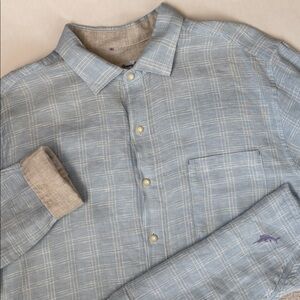 Tommy Bahama Textured Linen Flip Cuff Blue Plaid Long Sleeve Shirt Men’s Large